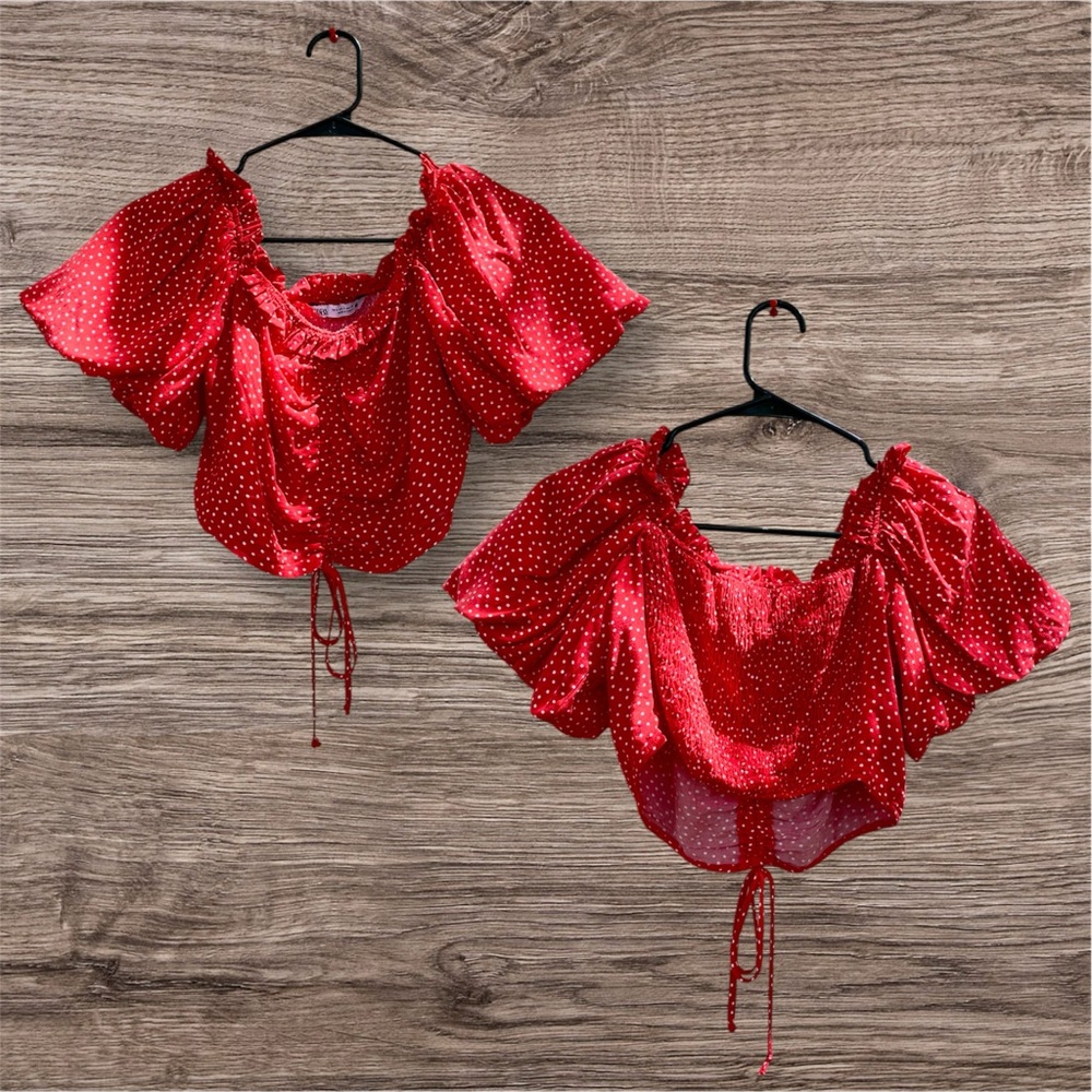 Zara Red Cropped Ruffled Polka Dot Blouse